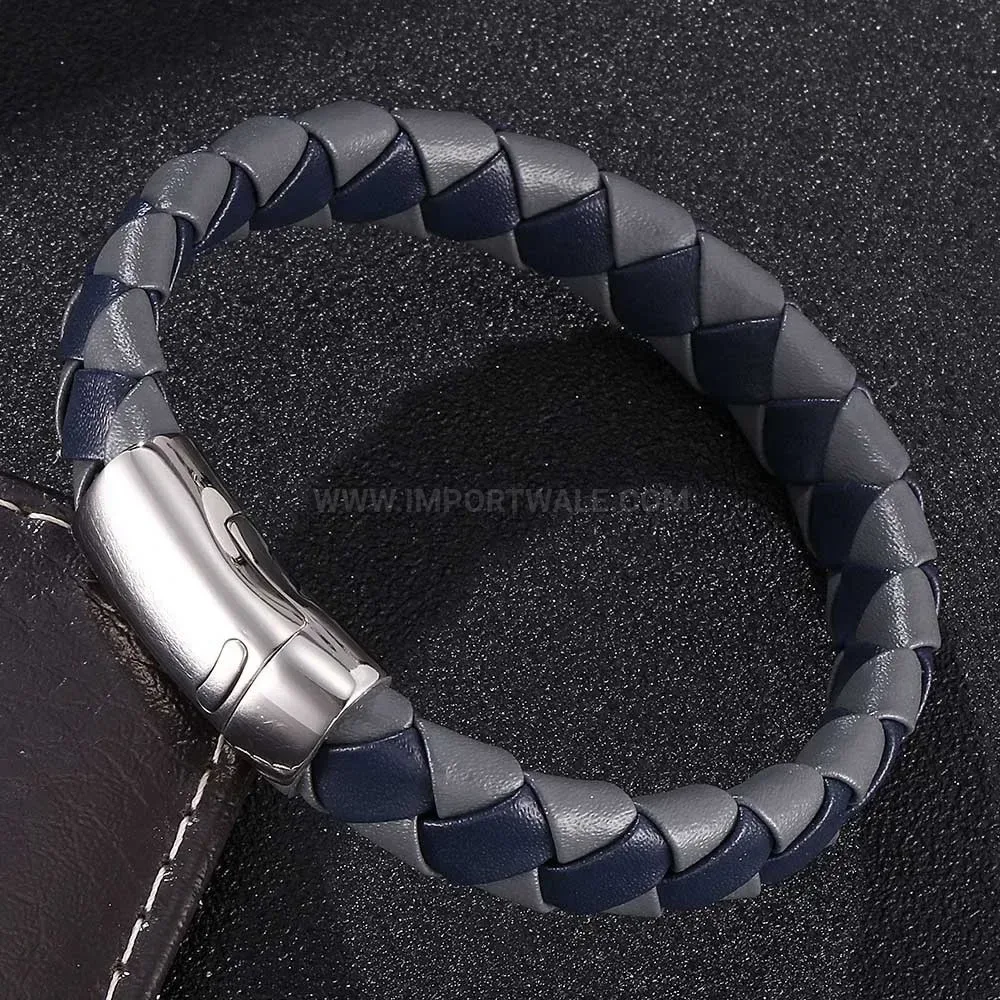 Two Tone Braided Leather Stainless Steel Geometric Bracelet