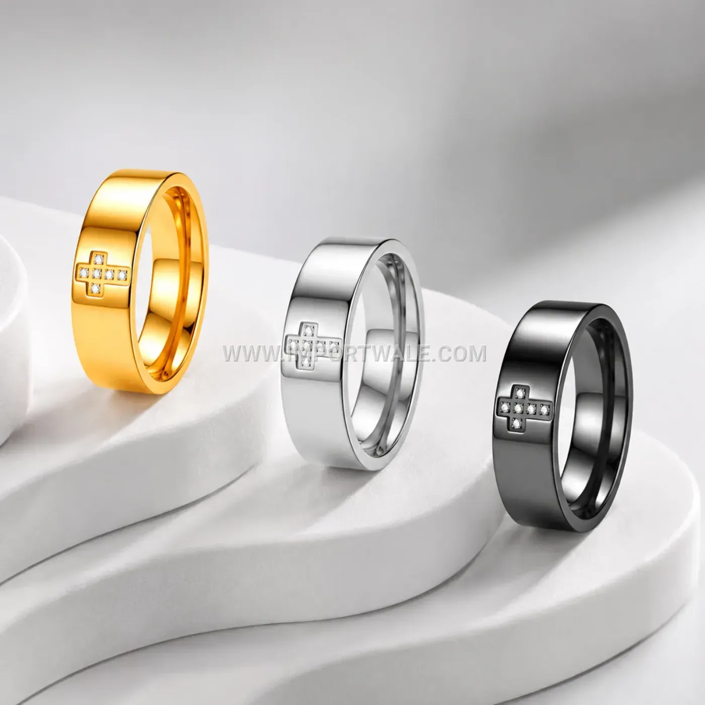 Stainless Steel Pavé Rhinestone Cross Band Ring