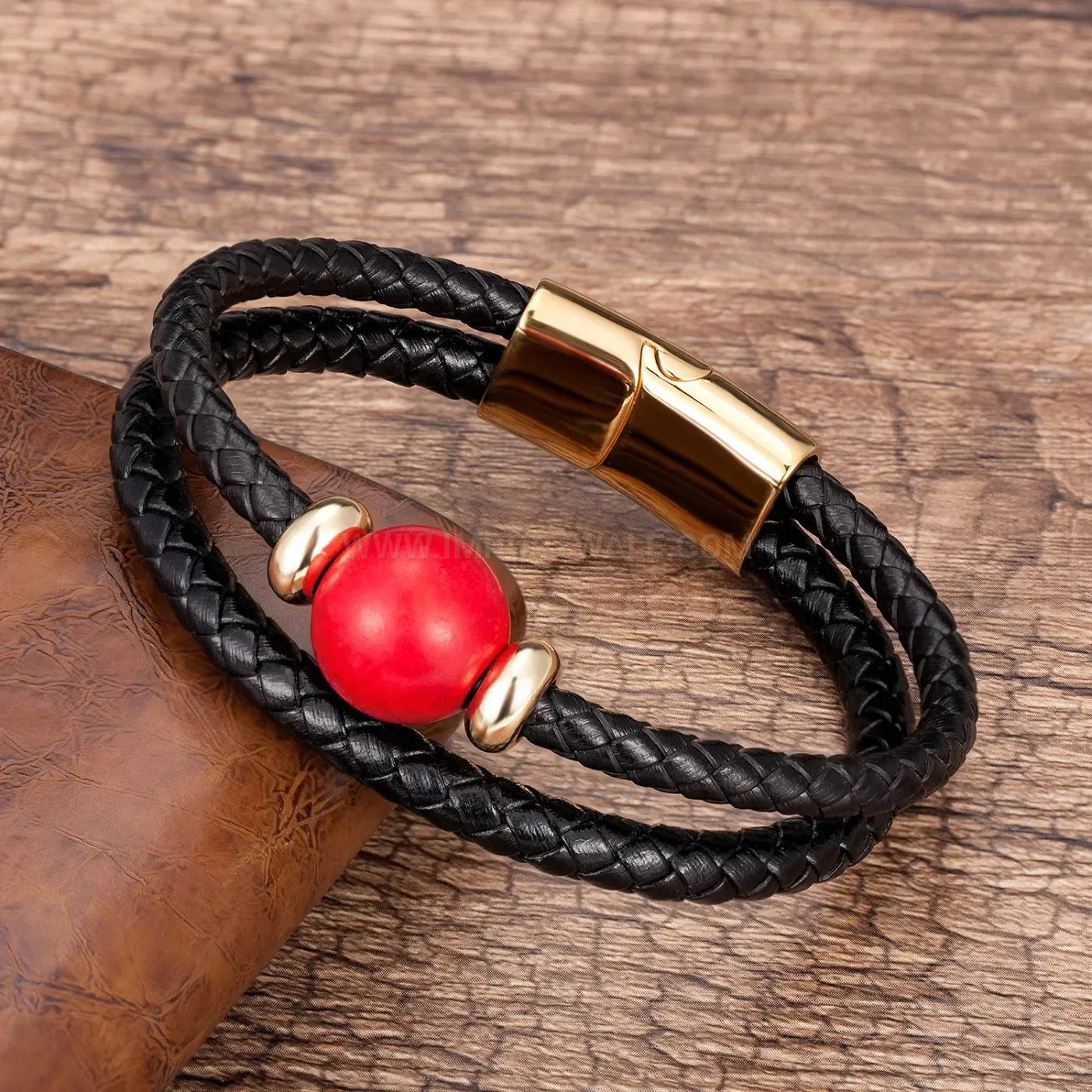 Double-Strand Braided Leather Natural Stone Magnetic Bracelet