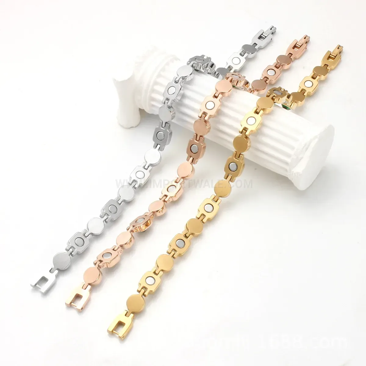 Geometric Rhinestone Bio Magnetic Stainless Steel Link Bracelet