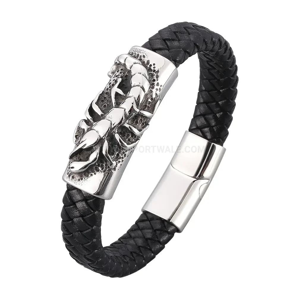 Black Leather Strap Bracelet with Stainless Steel Magnetic Scorpion Clasp