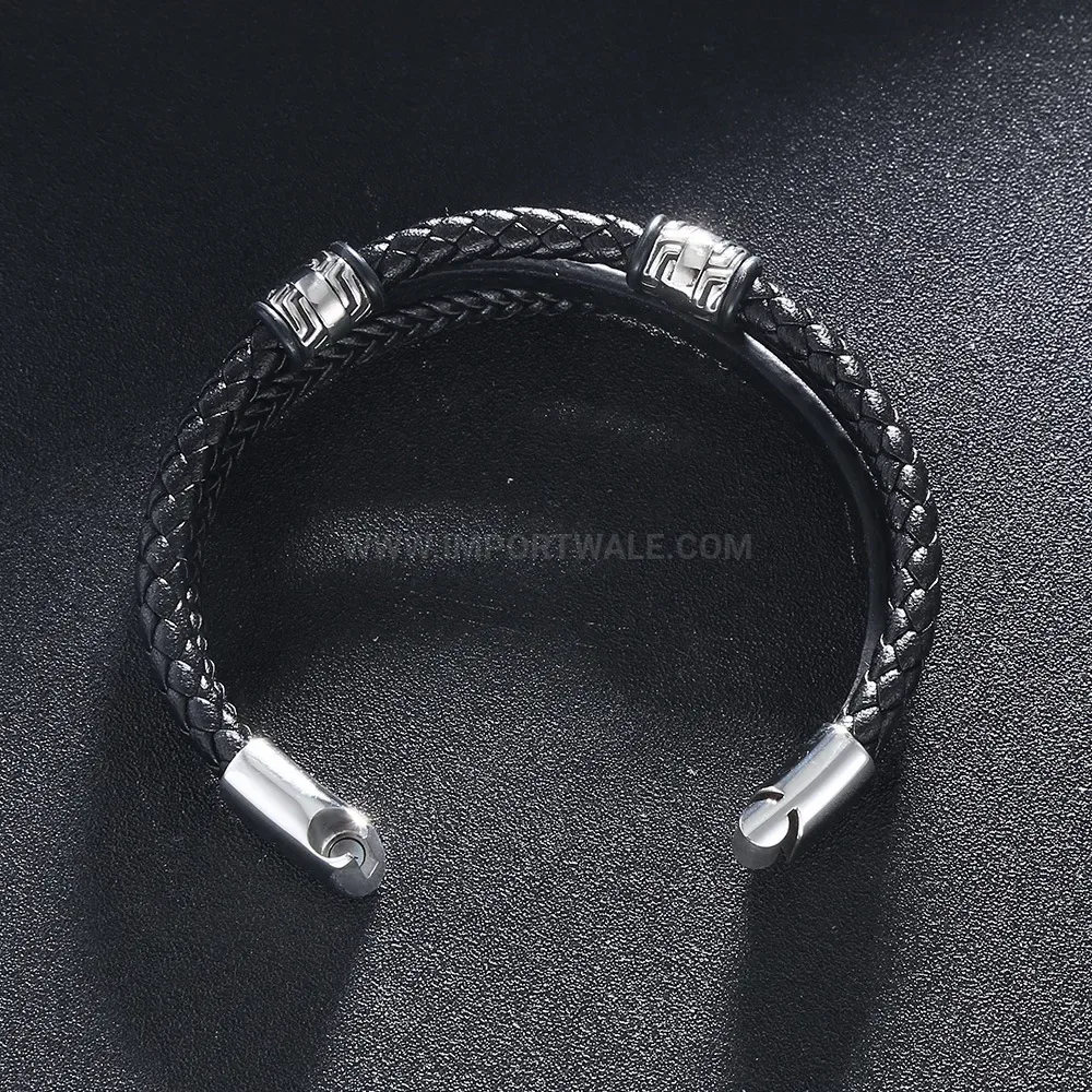 Woven Leather Bracelet with Stainless Steel Magnetic Clasp