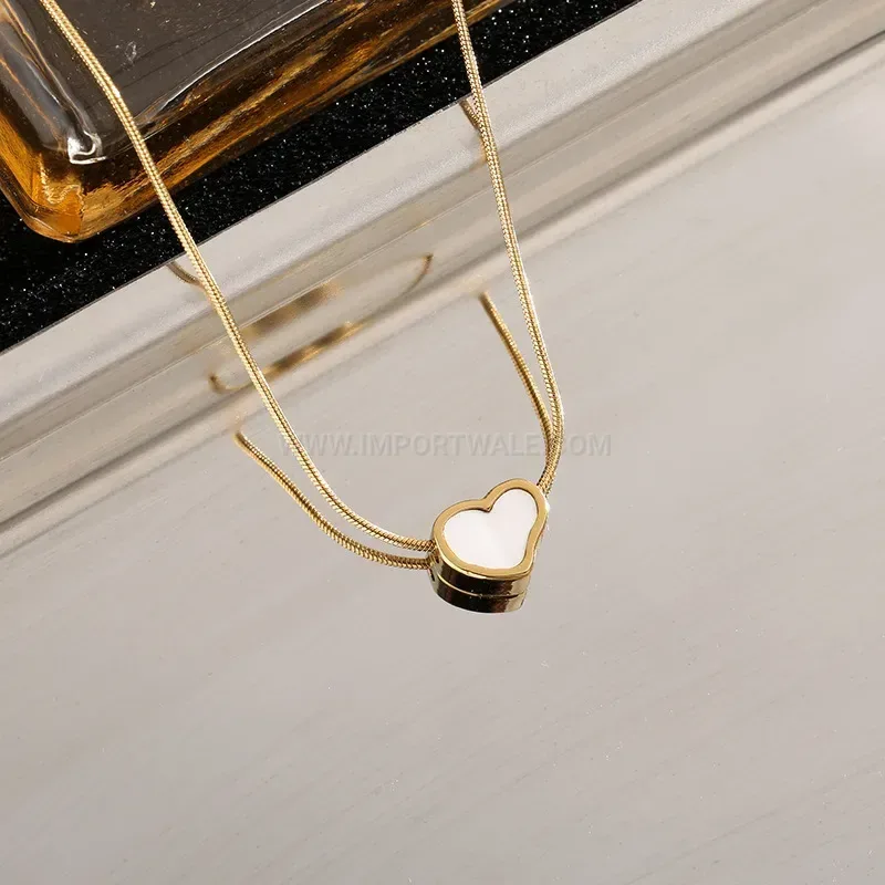 Designer Gold Titanium Steel Snake Chain Necklace with White Shell Heart Pendant