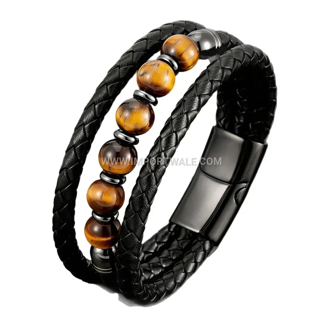 Multilayer Braided Leather Wristband with Natural Stone Beads