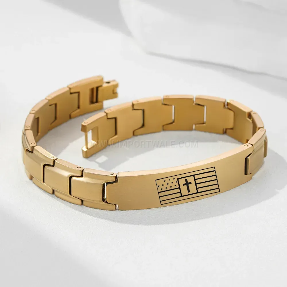Men's Stainless Steel Engraved Cross Flag Watch Band Bracelet