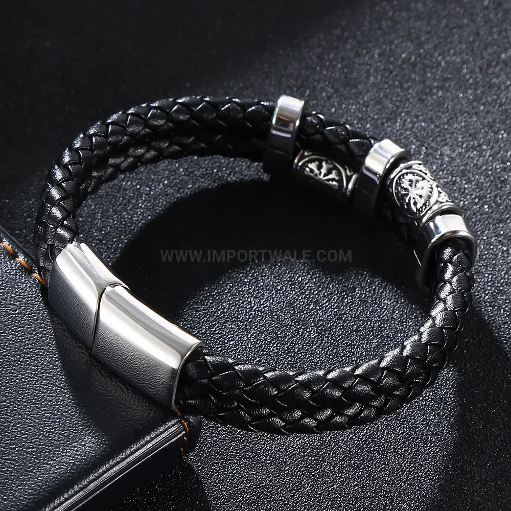 Viking Inspired Stainless Steel Double Strand Leather Wristband