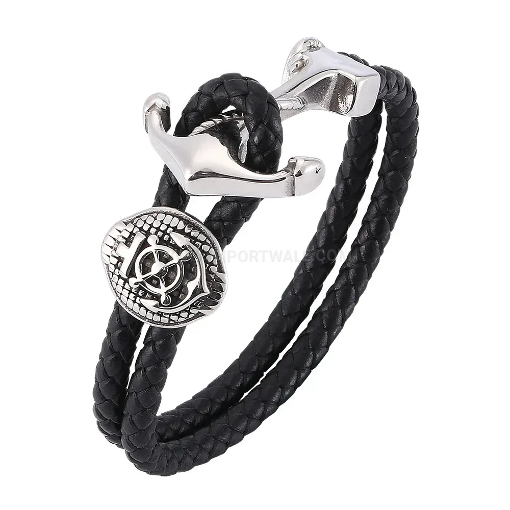 Double Wrap Leather Anchor Bracelet in Stainless Steel