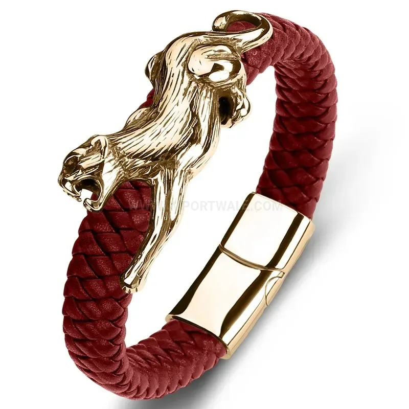 Premium Handcrafted Leopard Stainless Steel and Braided Leather Unisex Bracelet