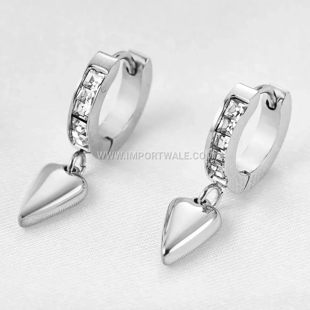 Gold Plated Stainless Steel Heart Pendant Earrings With Cubic Zirconia