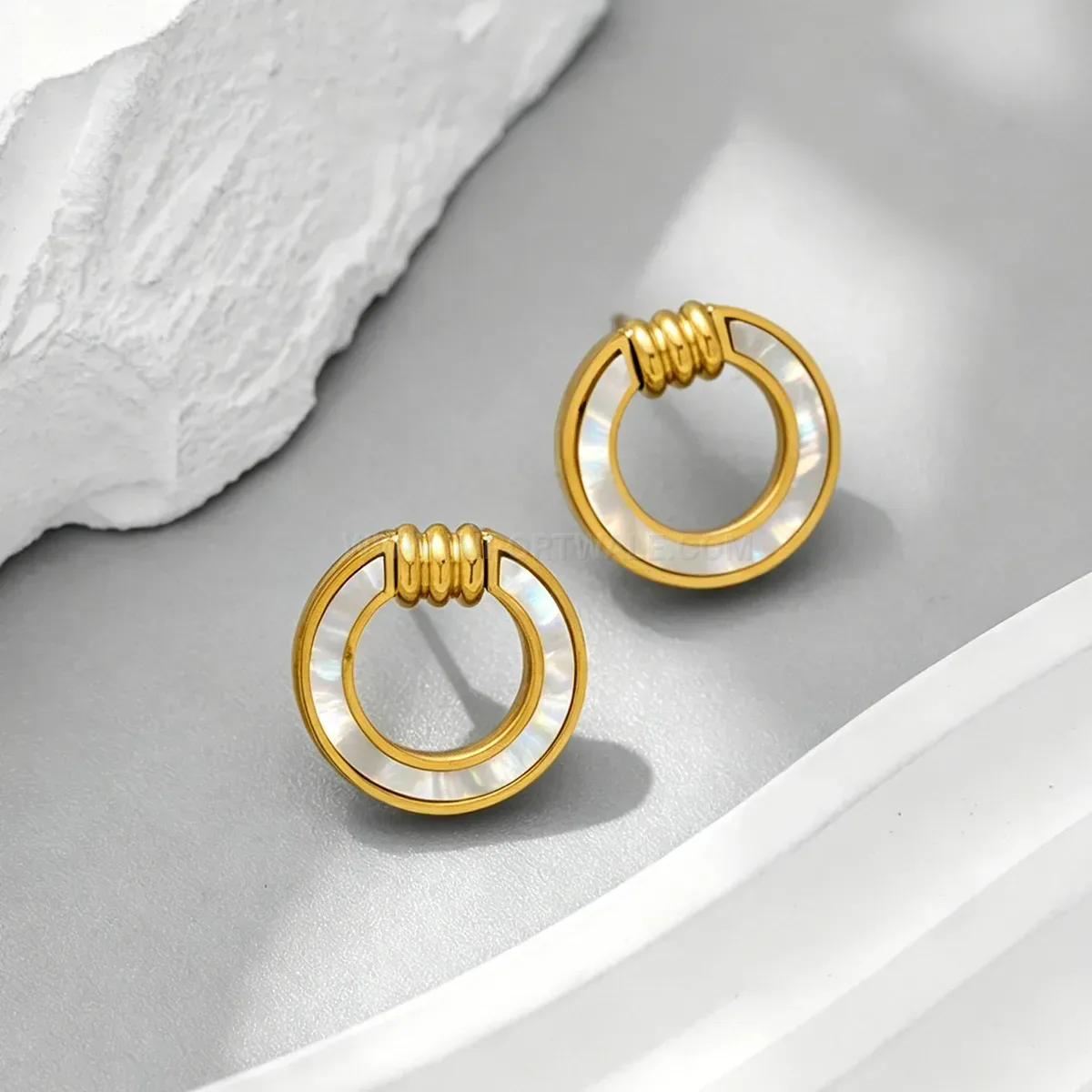 Double Layered White Shell Ring Stainless Steel Stud Earrings