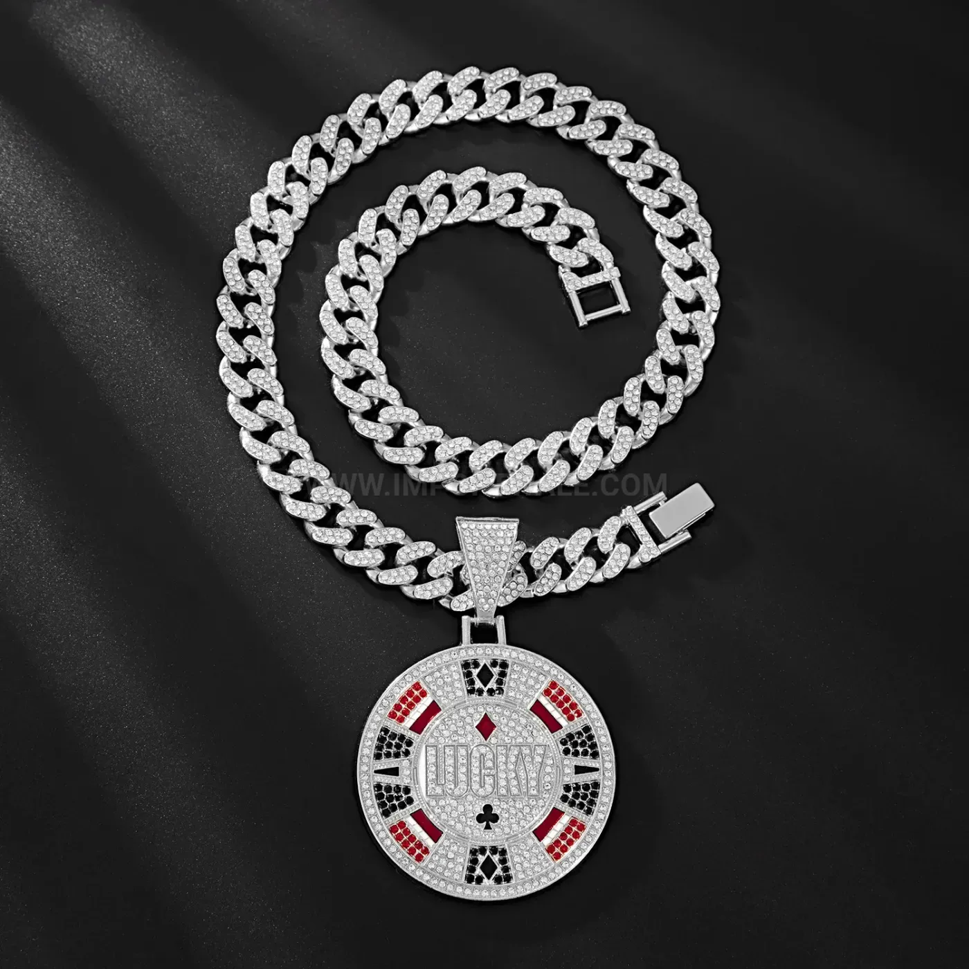 Rhinestone Playing Card Square Pendant with Cuban Chain