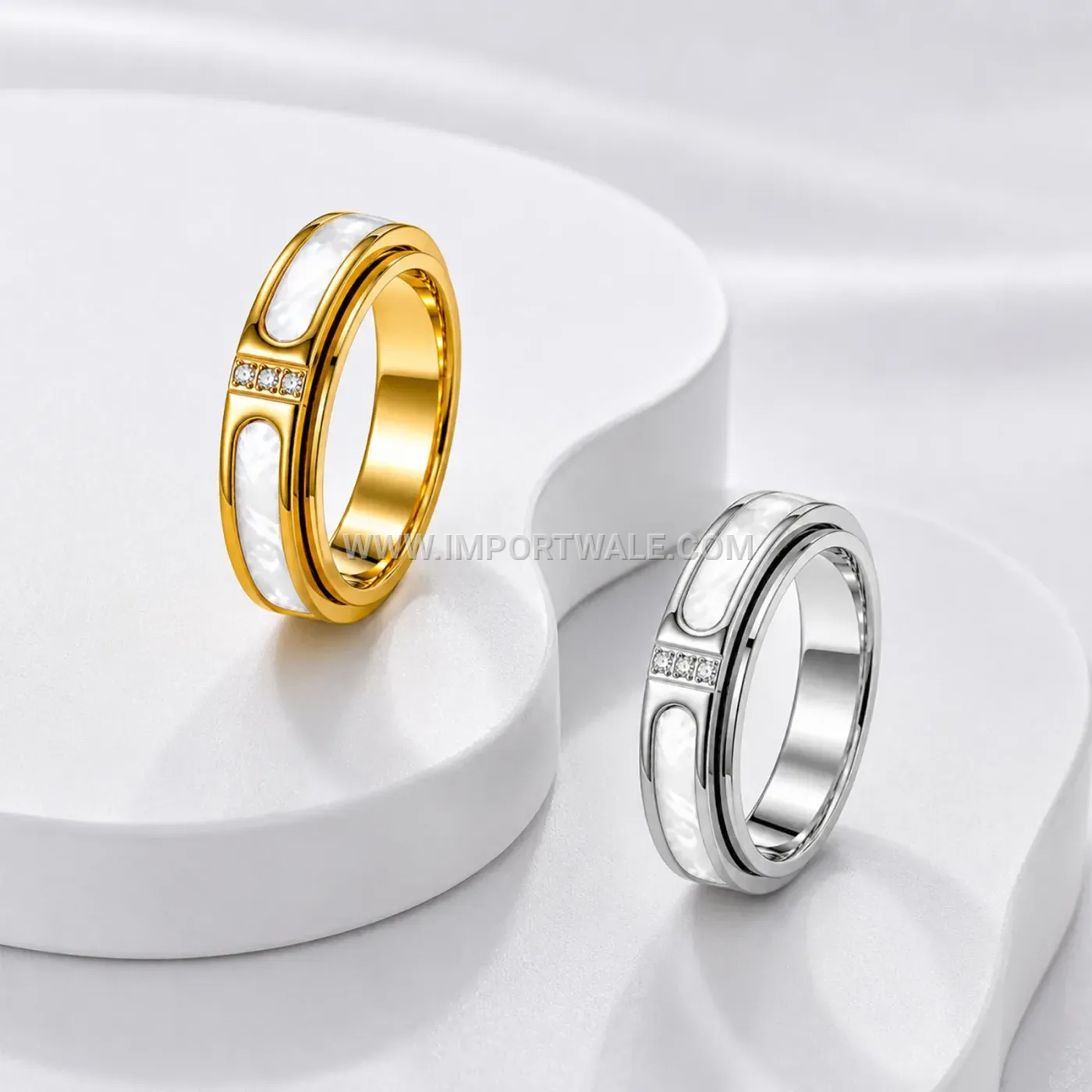 Rotating White Shell Accent Stainless Steel Band Ring