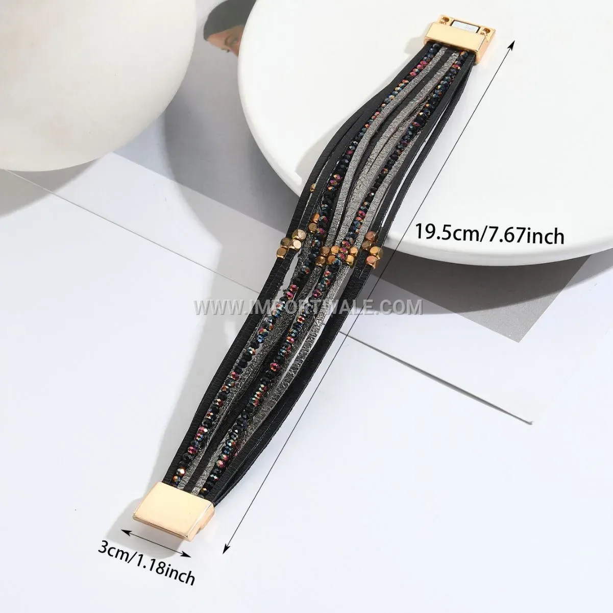 Vintage Geometric Faux Leather Slim Strand Bracelet with Metal Beads