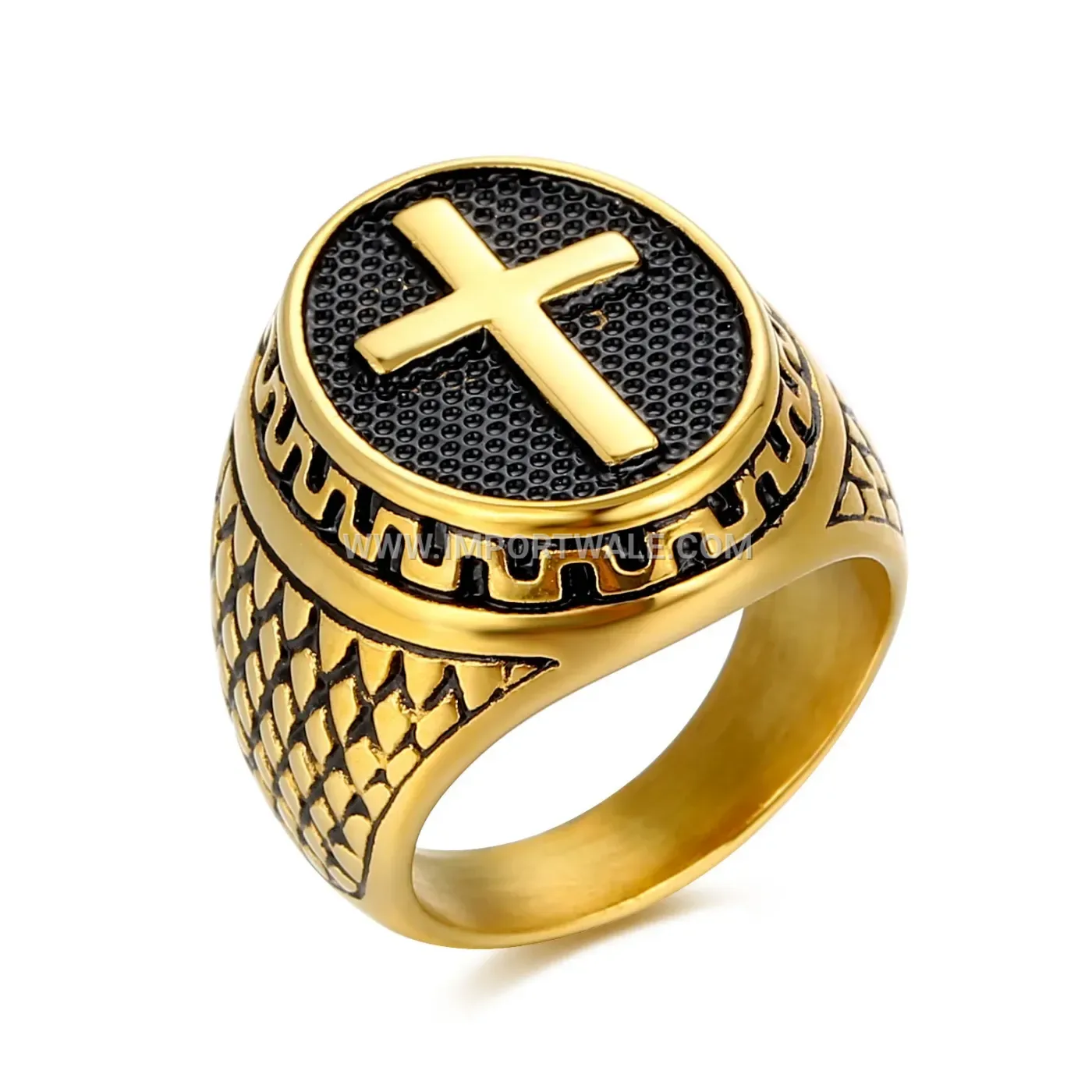 Gothic Cross Stainless Steel Signet Ring with Shell Accent