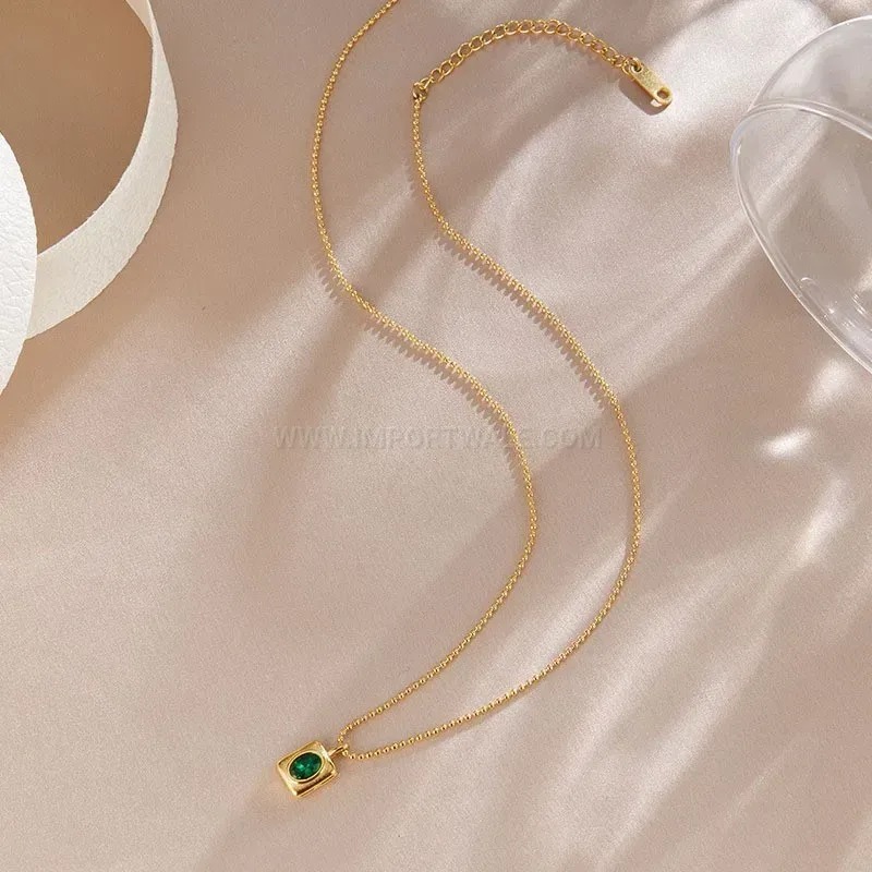 Stylish Titanium Steel Geometric Square Tag Necklace with Green Zircon Pendant