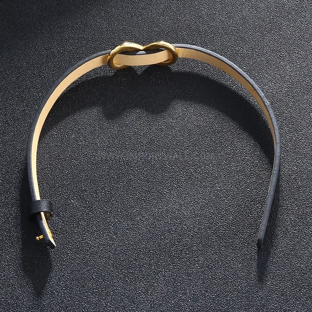 Adjustable Figure Eight Leather Strap Bracelet With Gold Stainless Steel