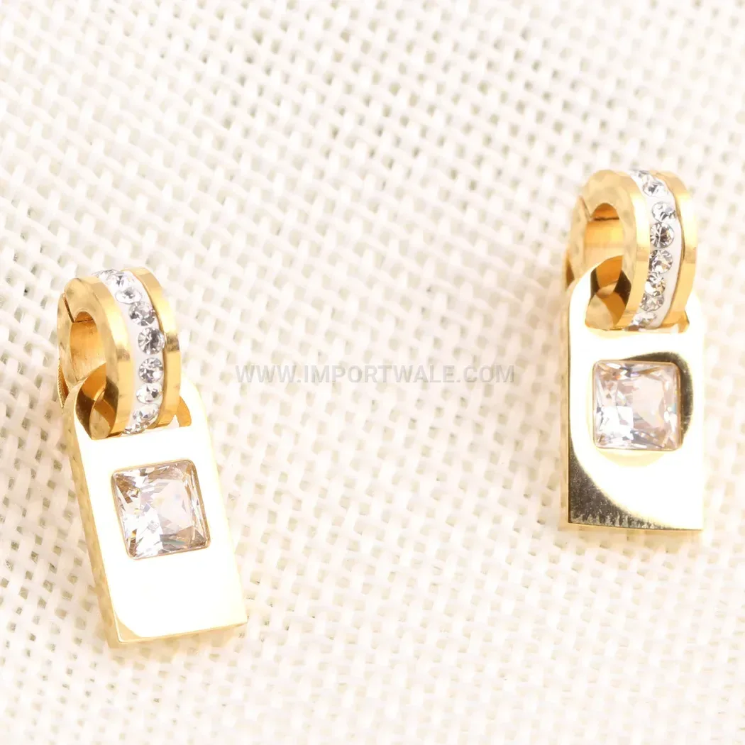 Geometric Rhinestone Square Lock Drop Stud Earrings