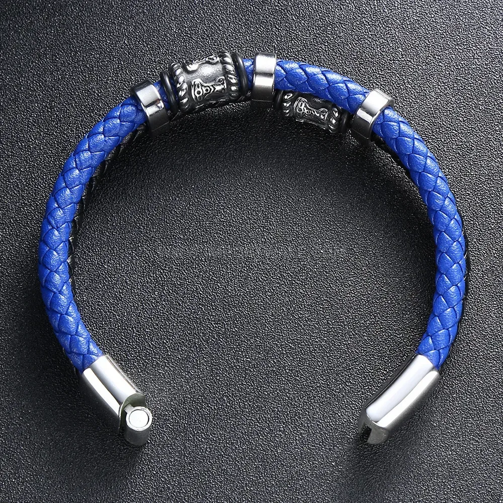 Handcrafted Two-Tone Leather Stainless Steel Beaded Wristband