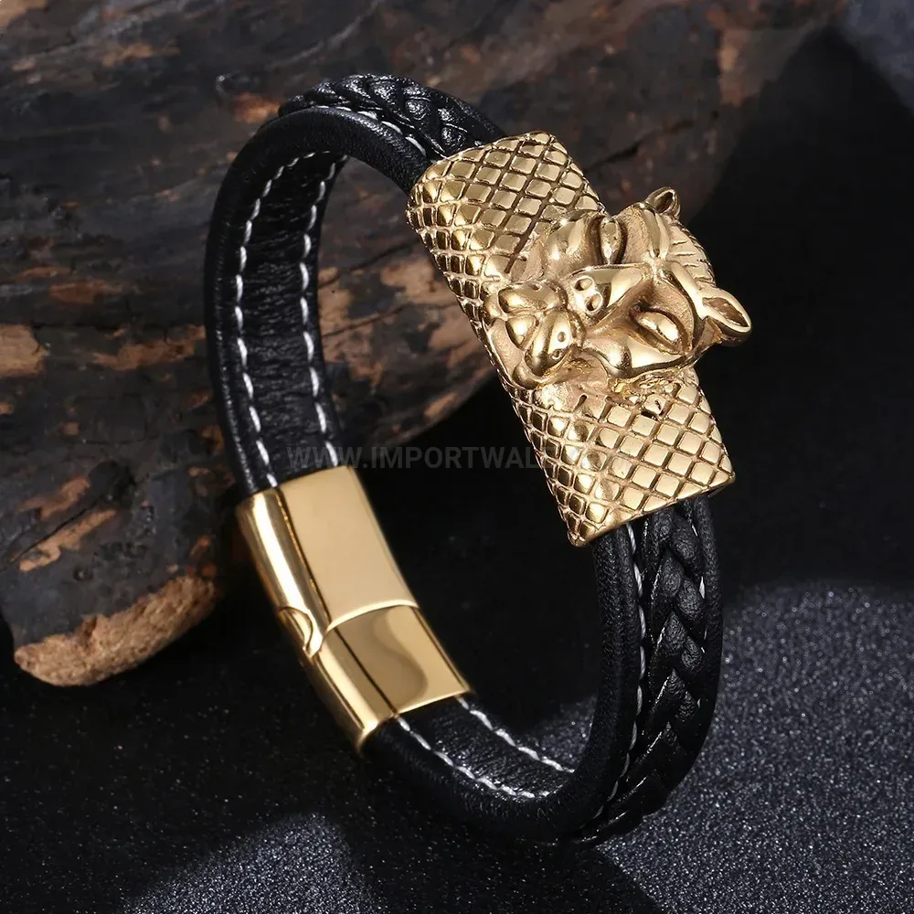 Gold-Tone Stainless Steel Magnetic Clasp Microfiber Leather Wristband
