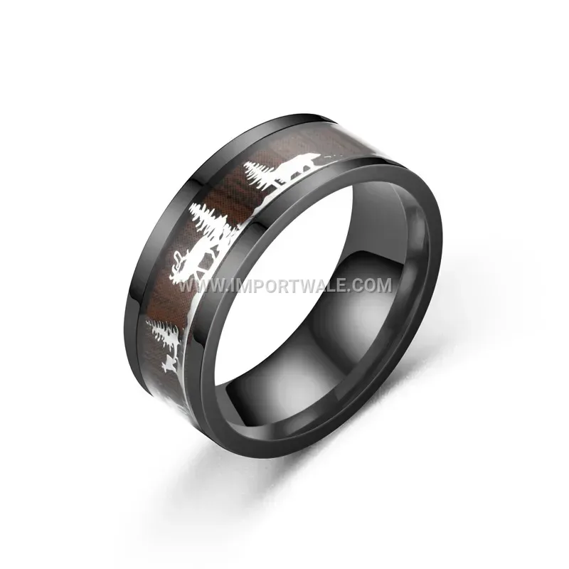 Black Wood Grain Deer Motif Stainless Steel Ring