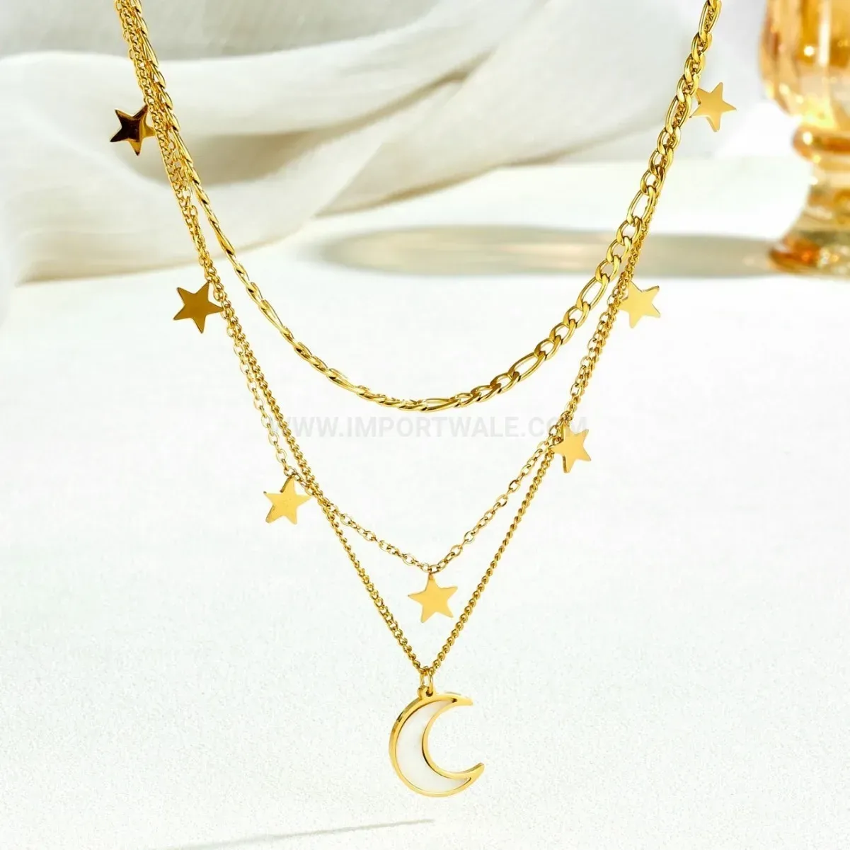 Elegant Layered Gold Plated Stainless Steel Star and Moon Necklace