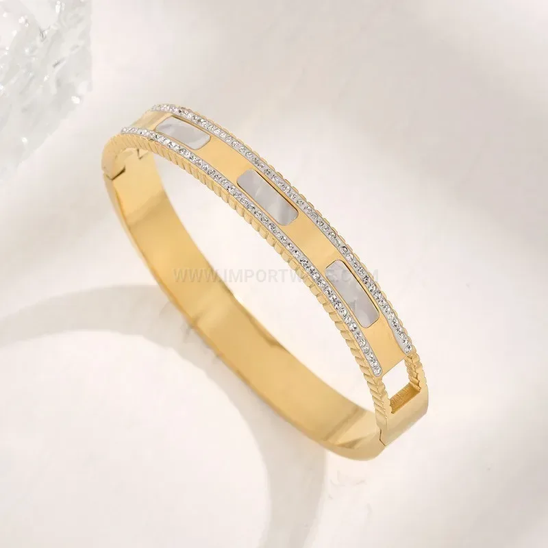 Fashion White Shell and Rhinestone Titanium Steel Bangle