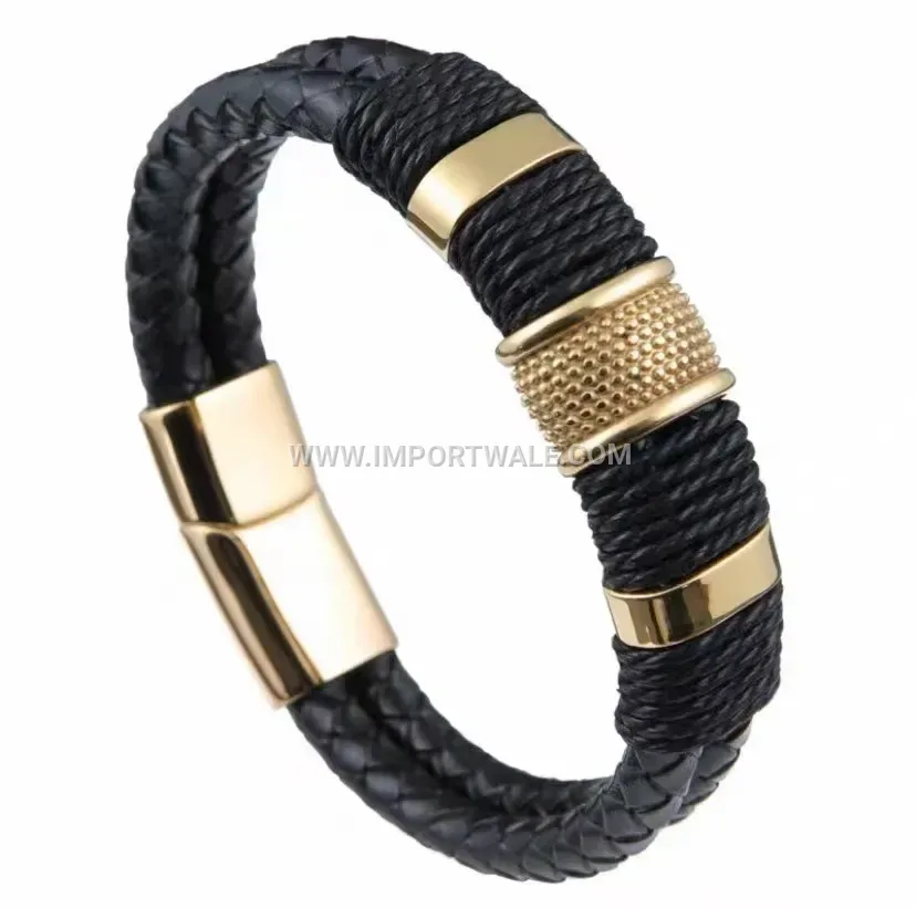 Double Strand Woven Stainless Steel Leather Magnetic Bracelet