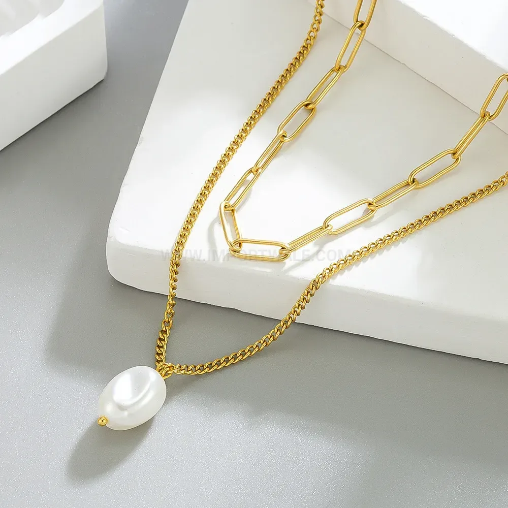 Designer Double Layer Pearl Pendant Gold Stainless Steel Snake Chain Necklace