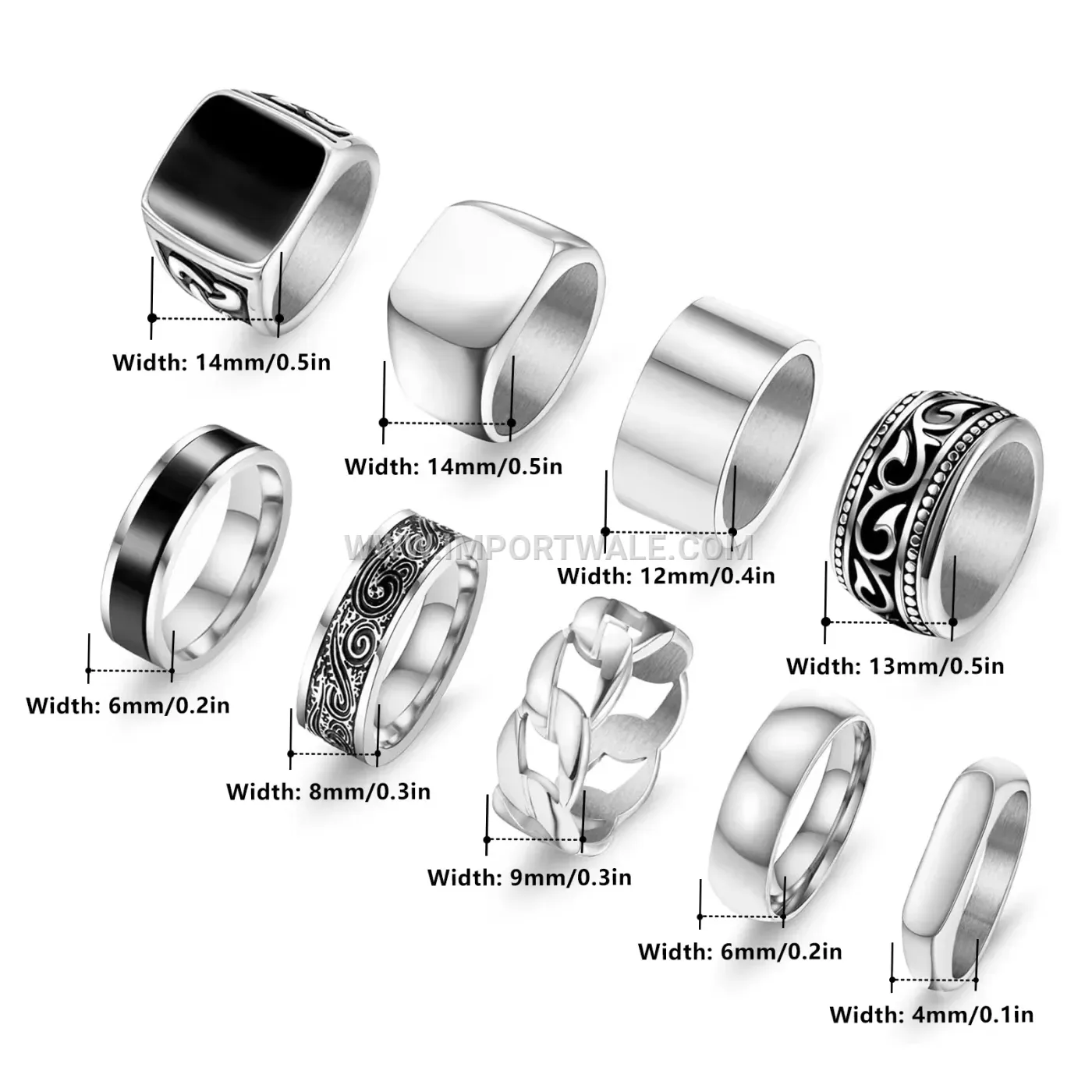 Hip Hop Silver Titanium Steel Signet Ring Set