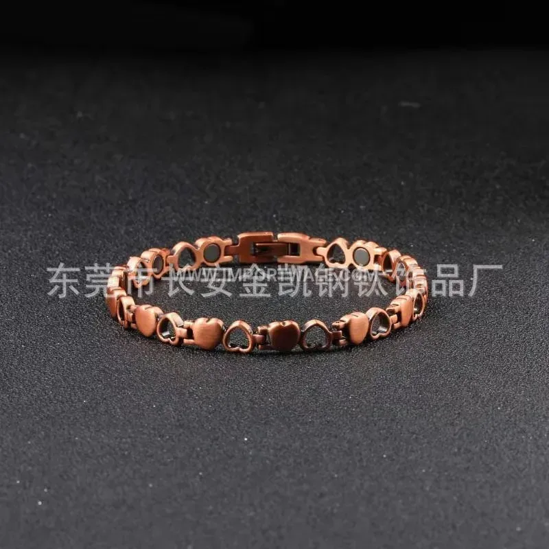Polished Red Copper Double Heart Link Bio Magnetic Bracelet