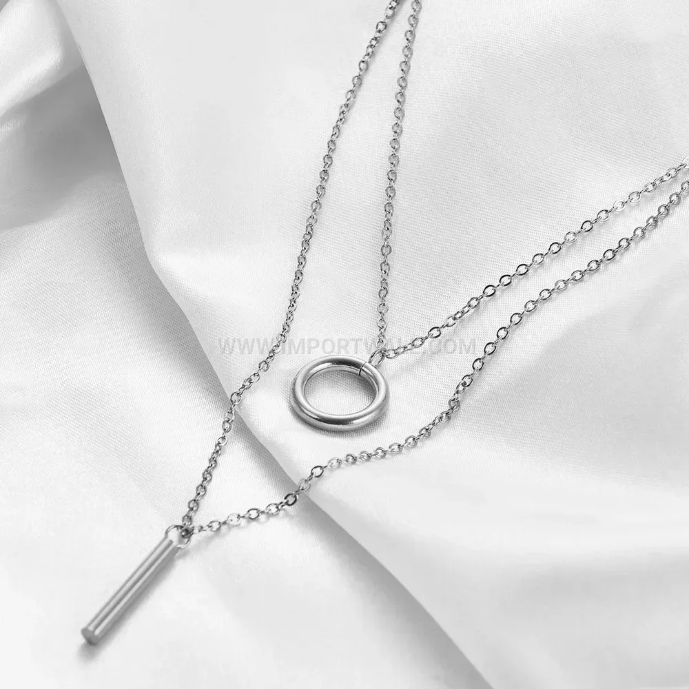 Double Layer Metal Ring Stainless Steel Bar Pendant Necklace
