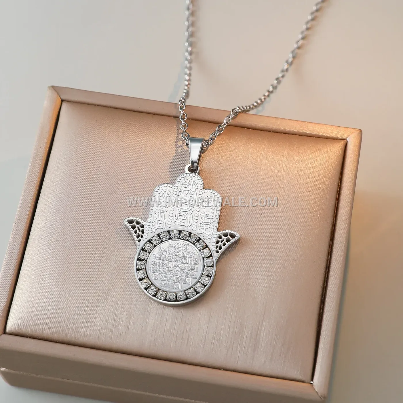 Zircon Ayatul Kursi Palm Stainless Steel Islamic Pendant Necklace