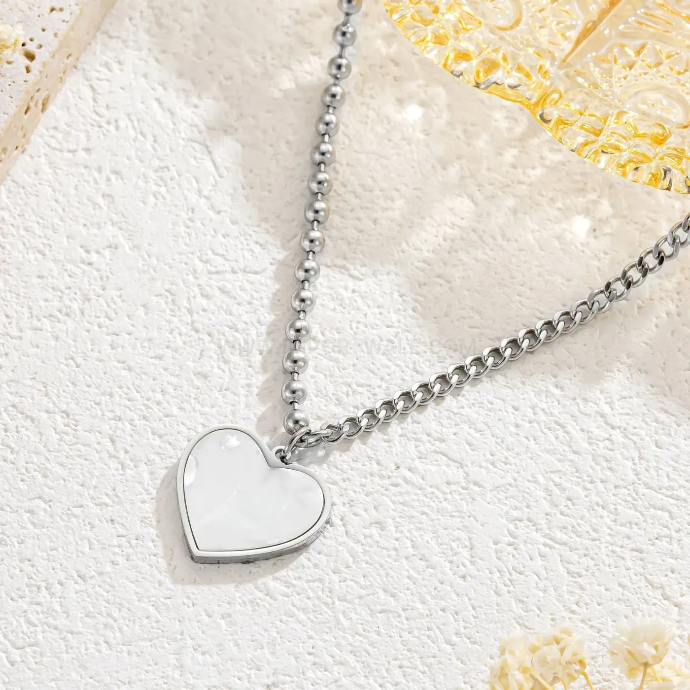 Premium Stainless Steel Heart White Mother of Pearl Pendant Necklace