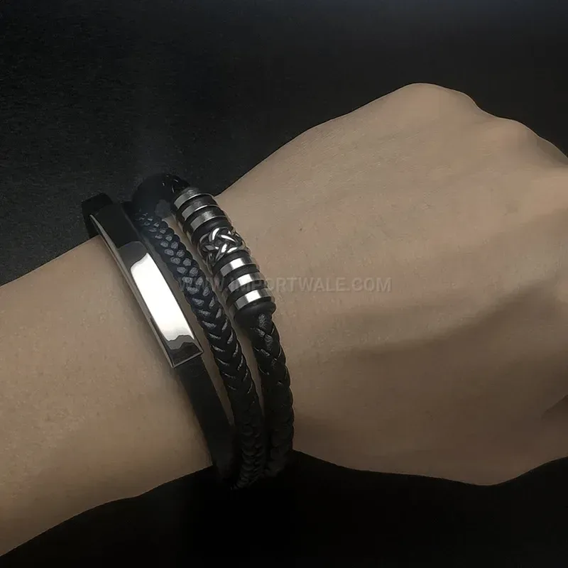 Bold Twisted Stainless Steel Bead Dual Color Leather Men Wristband