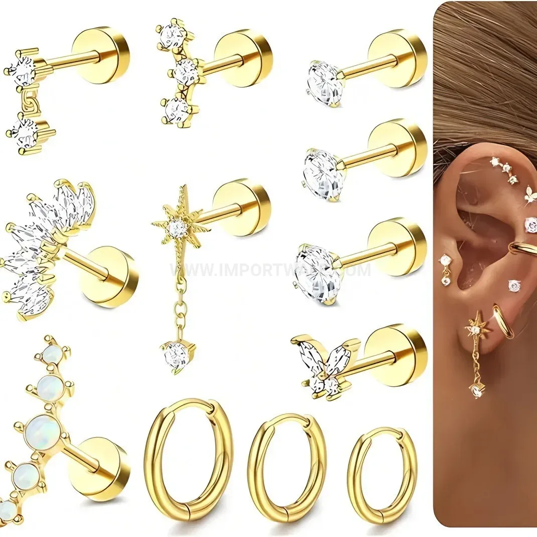 Chic Titanium Steel Leaf Piercing Stud Earrings Set with Zirconia