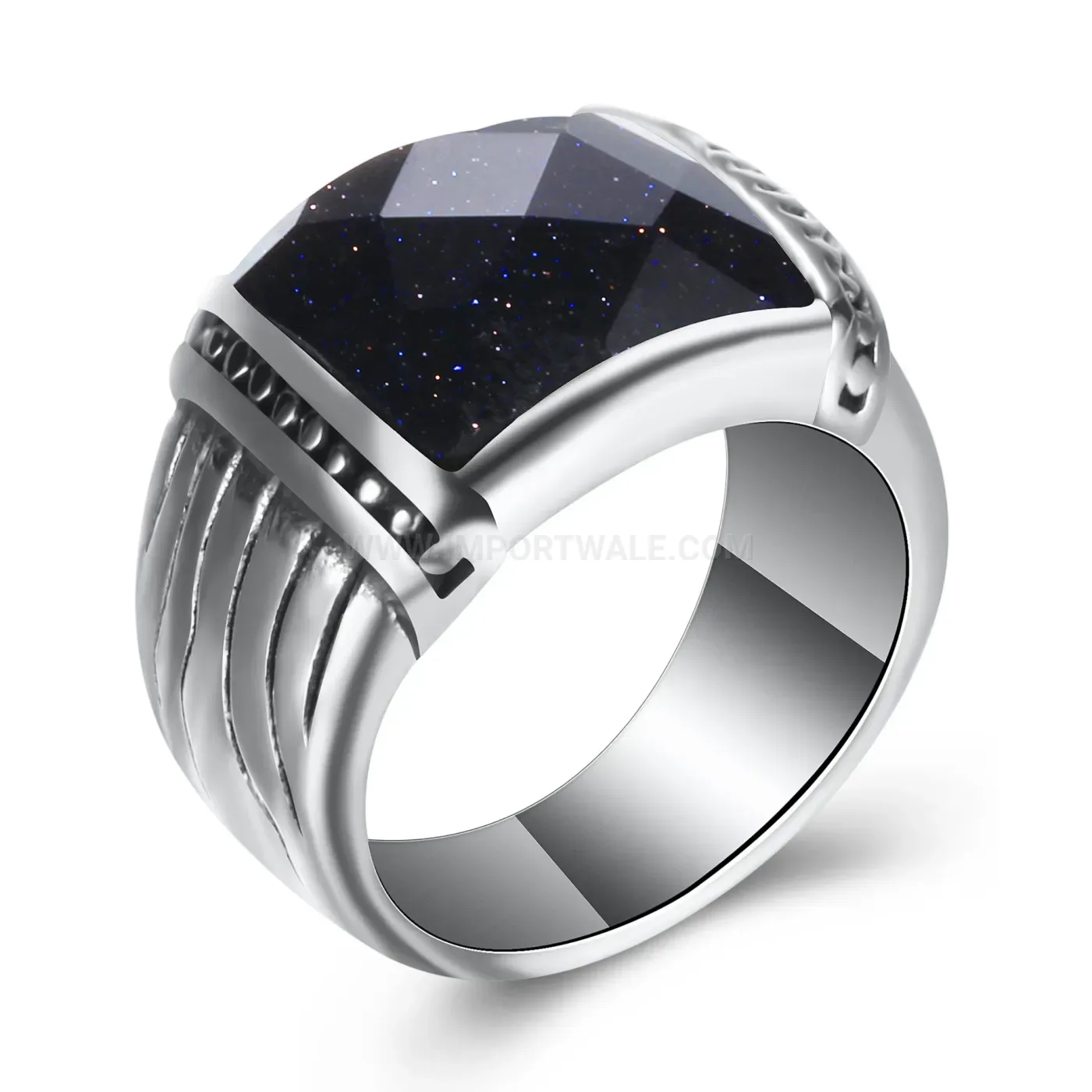 Fashion Stainless Steel Gemstone Inlaid Square Signet Band Ring