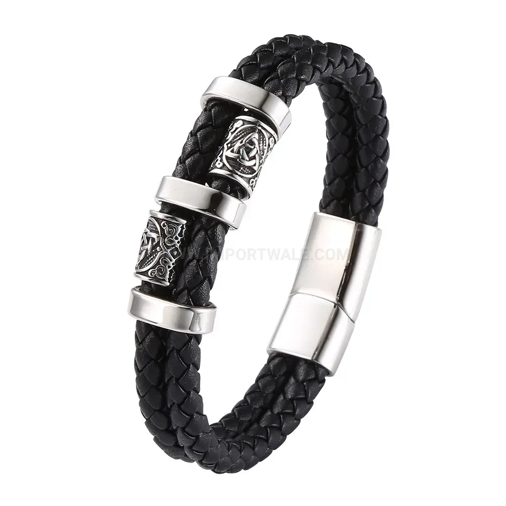 Textured Leather Cord Steel Wristband for Men