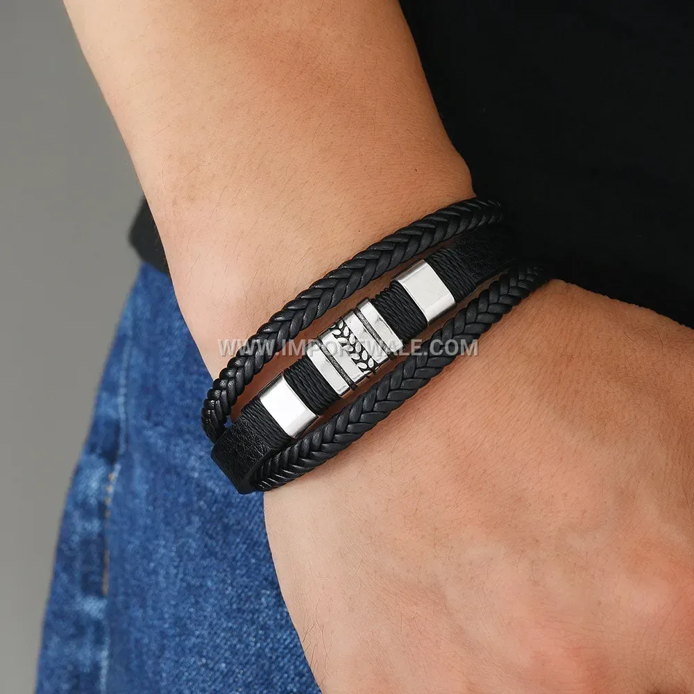 Engraved Wheat Motif PU Leather Magnetic Clasp Bracelet