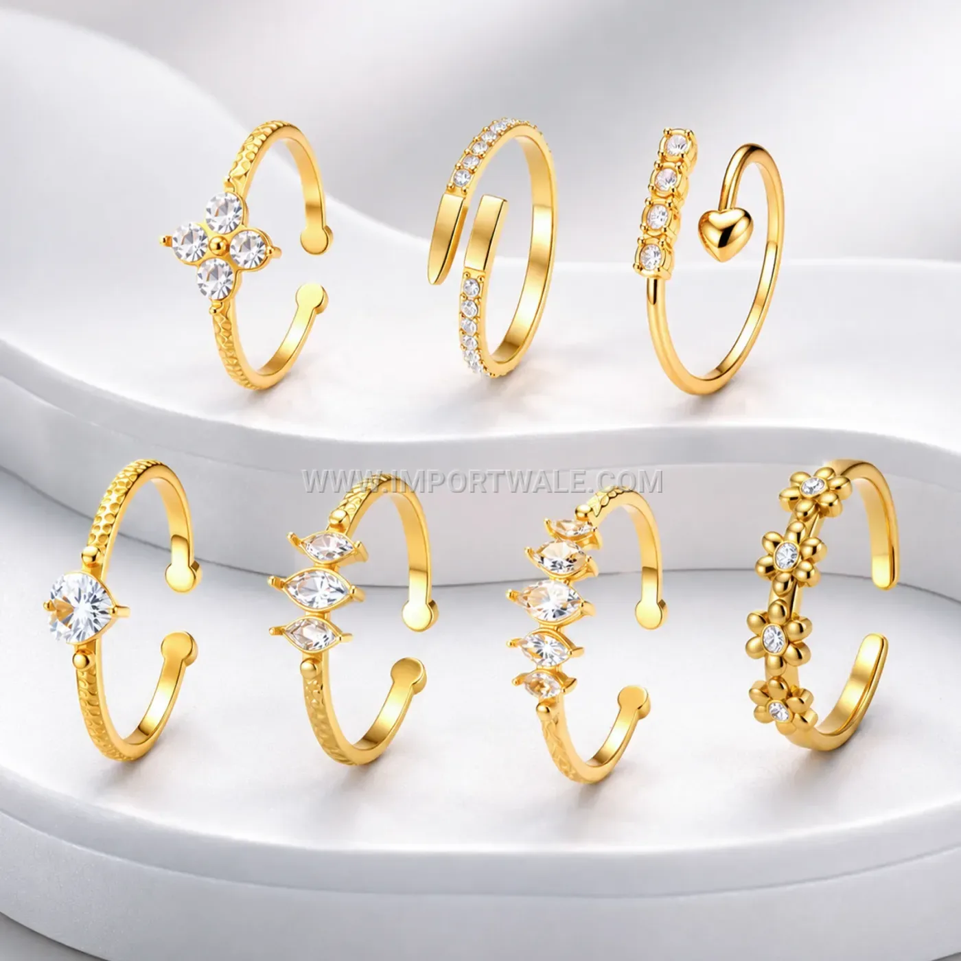 Adjustable Stainless Steel Geometric Open Ring Set with Rhinestone Accents