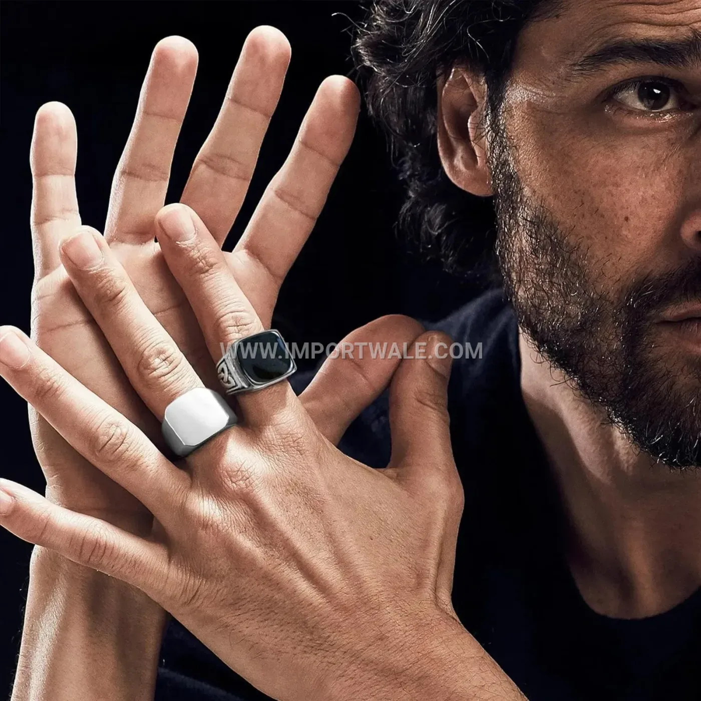 Hip Hop Silver Titanium Steel Signet Ring Set