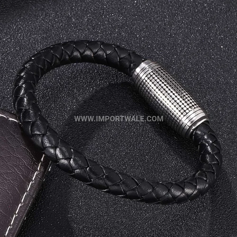 Classic Smooth Leather Wristband with Electroplated Steel Magnetic Closure