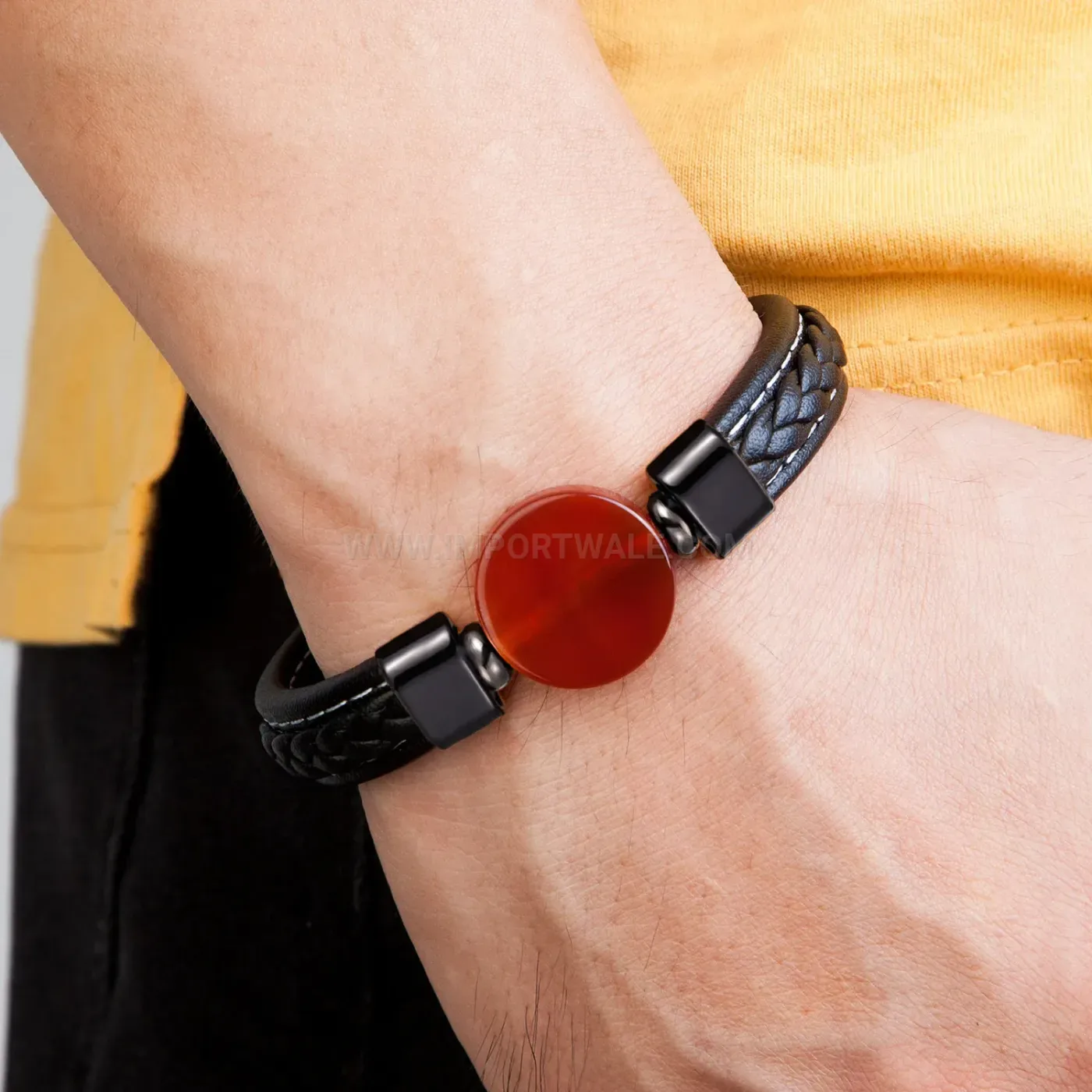 Minimalist Round Stone Woven Leather Bracelet with Stainless Steel Clasp