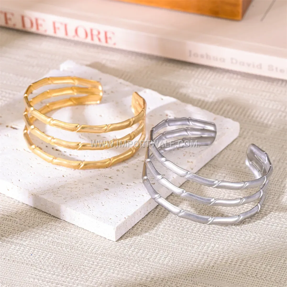 Triple Layer Bamboo Motif Stainless Steel Open Cuff Bracelet