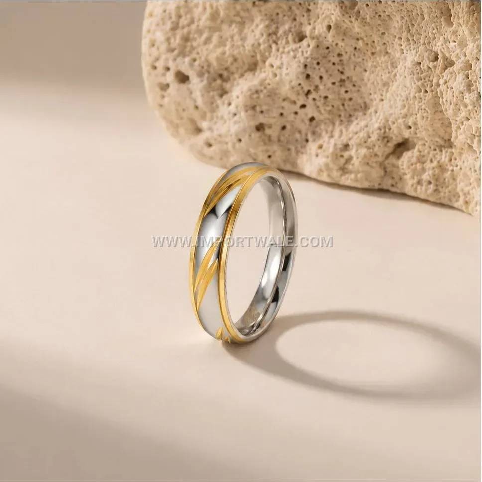 Two-Tone Stainless Steel Slanted Channel Cubic Zirconia Band Ring