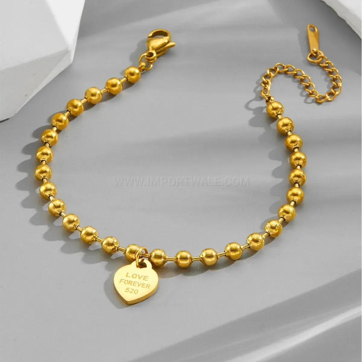 Stylish Gold Plated Titanium Steel Bead Chain Heart Tag Bracelet