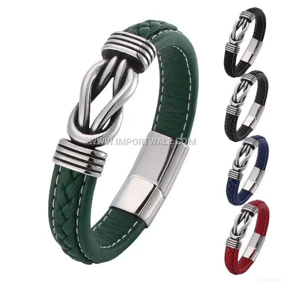 Retro Stainless Steel Interlocking Ring Leather Strap Bracelet