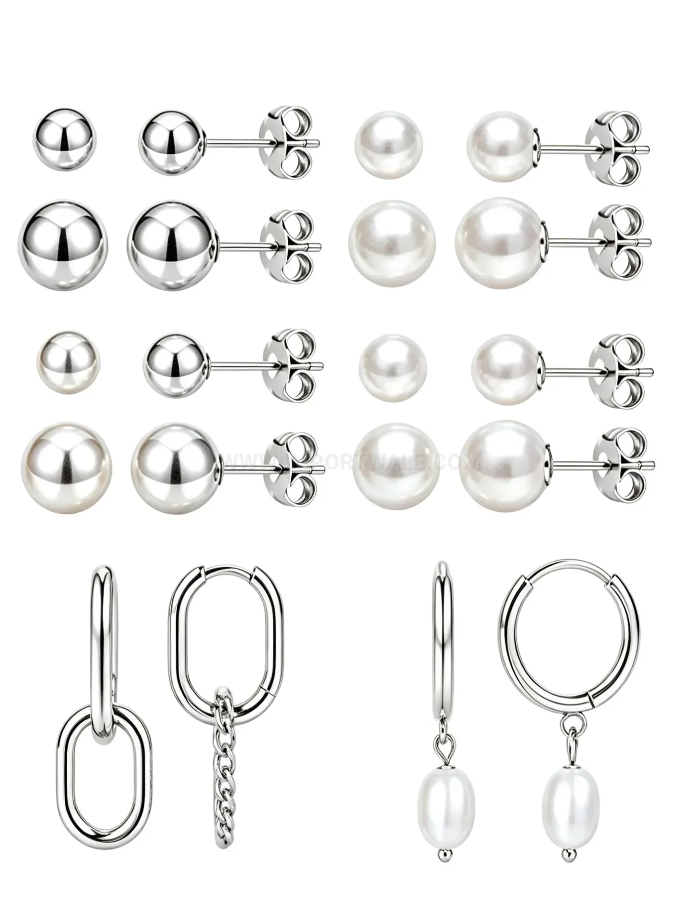 Elegant Stainless Steel Faux Pearl Piercing Stud Earrings Set