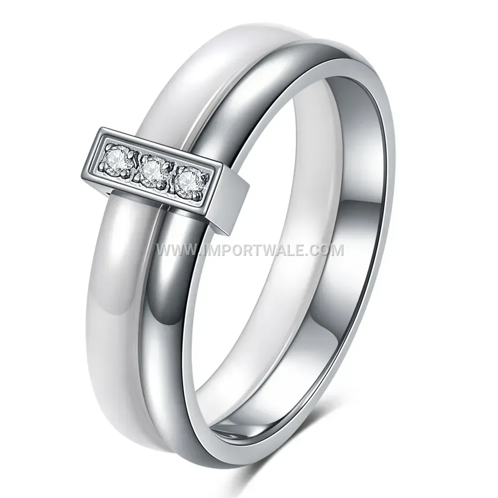 Smooth Ceramic Spliced Stainless Steel Zircon Ring