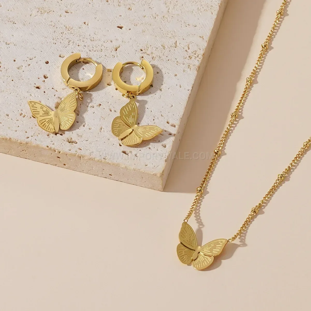 Trendy Titanium Steel Butterfly Pendant Necklace And Earring Jewelry Set