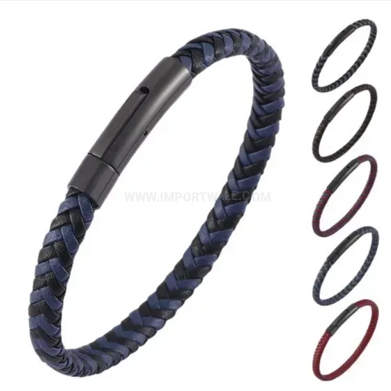 Braided Leather Cord Bracelet with Black Stainless Steel Clasp